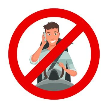 Phone while driving. Safety driving rules. Do not use mobile. Keep your eyes on Illustrazione stock