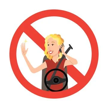 Phone while driving. Safety driving rules. Do not use mobile. Woman talking on Stock Illustration