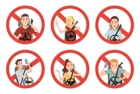 Phone while driving. Safety driving rules. Do not use mobile. Man and woman Stock Illustration