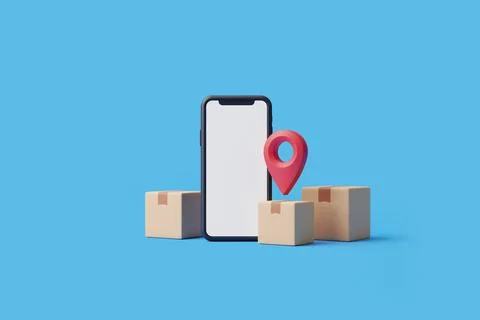 Phone with white screen, pile of boxes and red map pointer on blue background 스톡 일러스트
