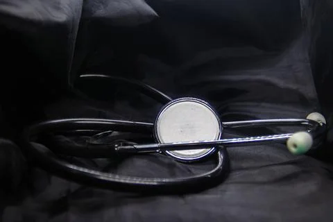 Phonendoscope on a black background close up 스톡 사진
