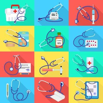 Phonendoscope icon set, flat style Stock Illustration