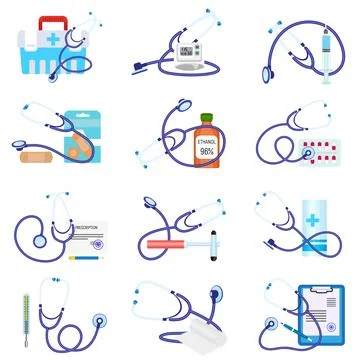 Phonendoscope icon set, flat style Stock Illustration