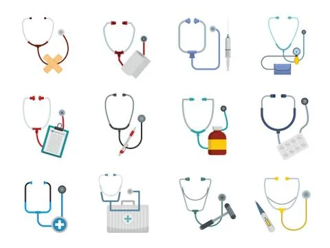 Phonendoscope stethoscope icons set, flat style Stock Illustration