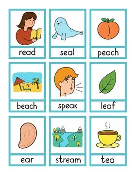 Phonics flashcards with -ea- spelling rule. Flash cards with phonics sound words Stock Illustration
