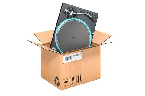 Phonograph turntable inside cardboard box, delivery concept. 3D rendering 스톡 일러스트