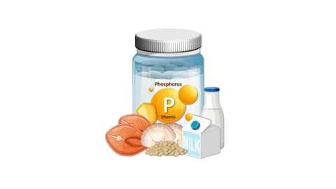 Phosphorus Supplement Bottle Surrounded by Food Sources Animation Stock Footage 321384191