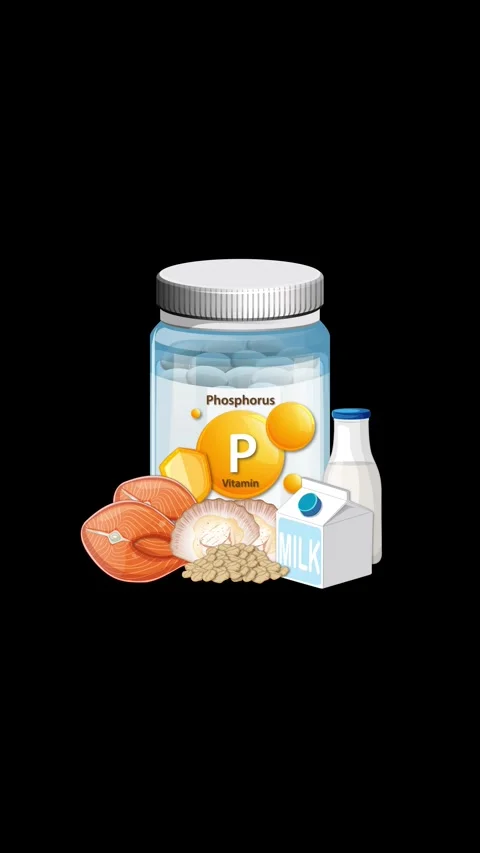 Phosphorus Supplement Bottle Surrounded by Nutritious Food Sources Animation Stock Footage 321384339