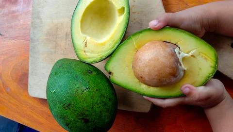 Photo of avocado that has been split with a wooden table Stock Photos