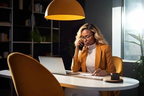 Photo of a businesswoman multitasking with a phone call at her office desk... Stock Photos