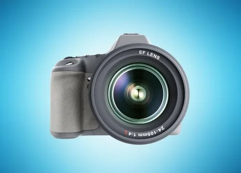Photo camera 3d render on blue background 스톡 일러스트
