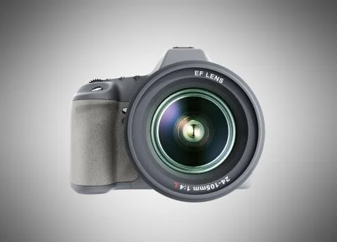 Photo camera 3d render on grey background Illustrazione stock