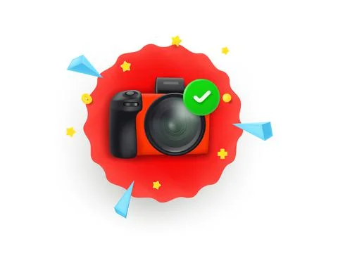 Photo camera checkmark. Vector insignia isolated on white background. 3d vect Stock Illustration