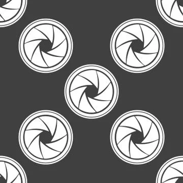 Photo camera diaphragm web icon. flat design. Seamless gray pattern. Illustrazione stock