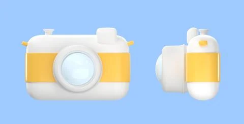Photo camera front and side view, 3d render. Children digital camera with lens Stock Illustration