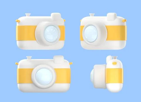 Photo camera front, side and angle view 3d render. Children digital camera with Illustrazione stock