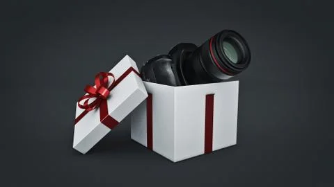 Photo camera in gift box, Gift box concept. Stock Illustration