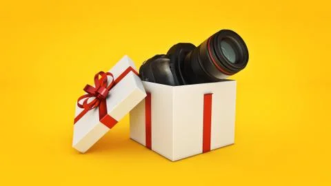 Photo camera in gift box, Gift box concept. Stock Illustration