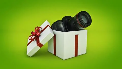 Photo camera in gift box, Gift box concept. Stock Illustration