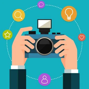 Photo camera in hand. Flat style Stock Illustration