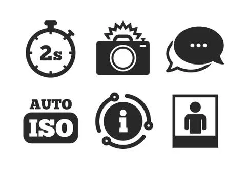 Photo camera icon. Flash light and Auto ISO. Vector 스톡 일러스트