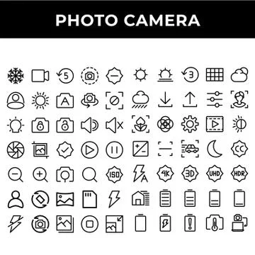 Photo camera icon set include mode, video, timer, screen shot, camera, sun, p Illustrazione stock