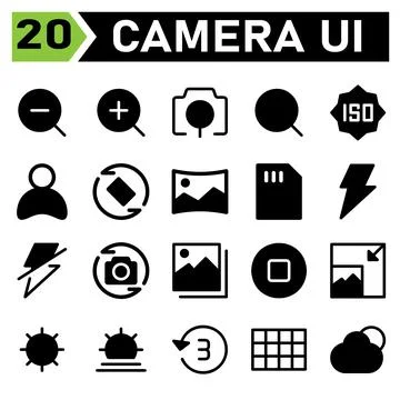 Photo Camera icon set include camera, out, zoom, magnifier, interface, in, se Stock Illustration