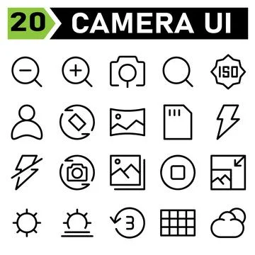 Photo Camera icon set include camera, out, zoom, magnifier, interface, in, se Stock Illustration