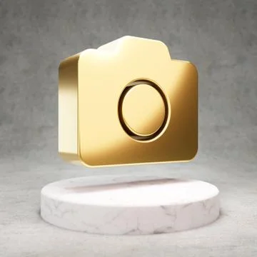 Photo Camera icon. Shiny golden Photo Camera symbol on white marble podium. Stock Illustration