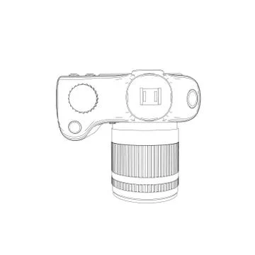 Photo camera. Isolated on white.  Vector outline illustration.Top view. Иллюстрация