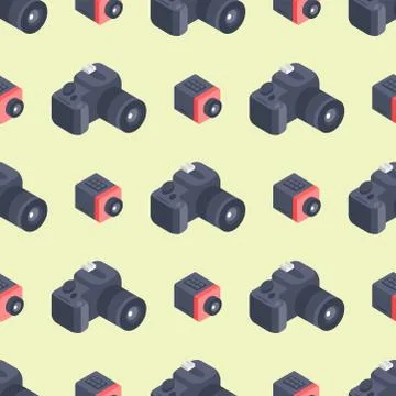 Photo camera isometric vector seamless pattern instrument objective equipment Stock Illustration