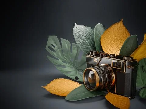 Photo camera with leaves. Creative concept for photographer portfolio web site. Stock Illustration