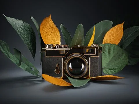Photo camera with leaves. Creative concept for photographer portfolio web site. Illustrazione stock