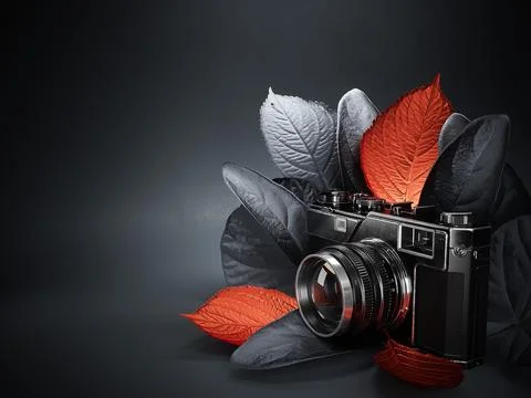 Photo camera with leaves. Creative concept for photographer portfolio web site. Illustrazione stock