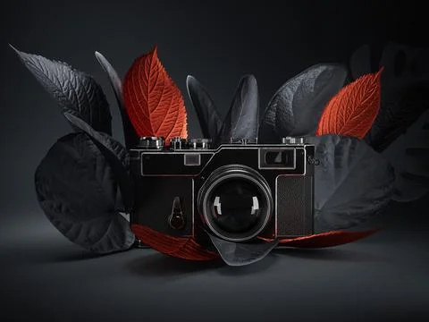 Photo camera with leaves. Creative concept for photographer portfolio web site. Stock Illustration