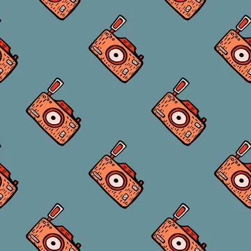 Photo camera seamless pattern. Cute vintage cameras background. Stock Illustration