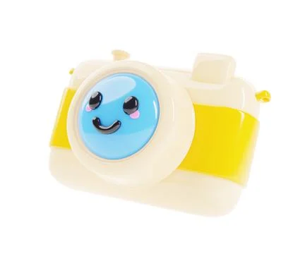 Photo camera with smiling face 3d render icon. Cartoon funny digital SLR photo 스톡 일러스트
