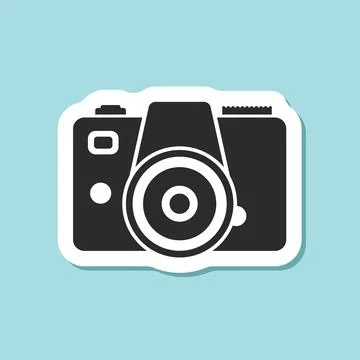 Photo camera sticker icon in flat style. Photography equipment vector illus.. Stock Illustration