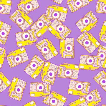Photo camera vintage seamless pattern. Retro photo cameras design. Repeated t Illustrazione stock