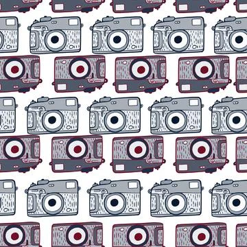 Photo camera vintage seamless pattern. Retro photo cameras design. Repeated t Illustrazione stock