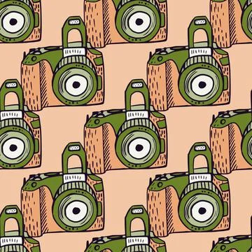 Photo camera vintage seamless pattern. Retro photo cameras design. Illustrazione stock