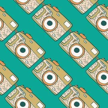 Photo camera vintage seamless pattern. Retro photo cameras design. Repeated t Illustrazione stock
