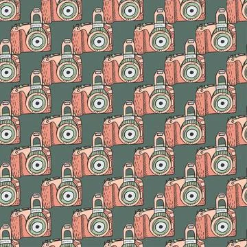 Photo camera vintage seamless pattern. Retro photo cameras design. Stock Illustration