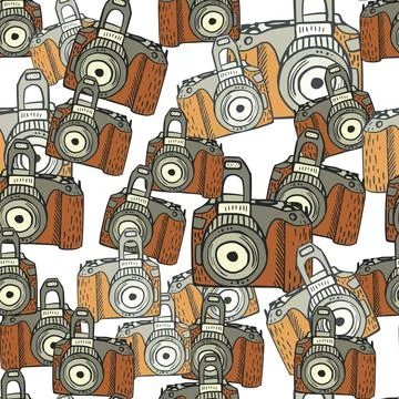 Photo camera vintage seamless pattern. Retro photo cameras design. Illustrazione stock