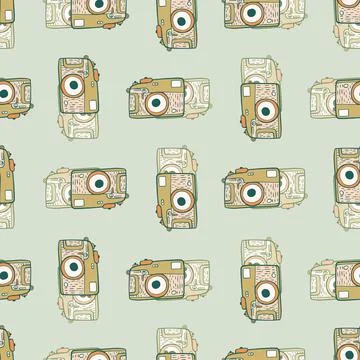 Photo camera vintage seamless pattern. Retro photo cameras design. Repeated t Stock Illustration