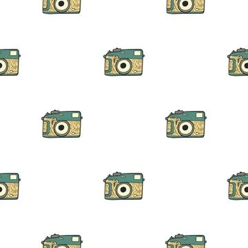 Photo camera vintage seamless pattern. Retro photo cameras design. Repeated t Stock Illustration