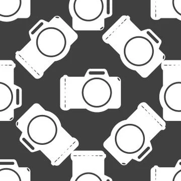 Photo camera web icon. flat design. Seamless gray pattern. Illustrazione stock