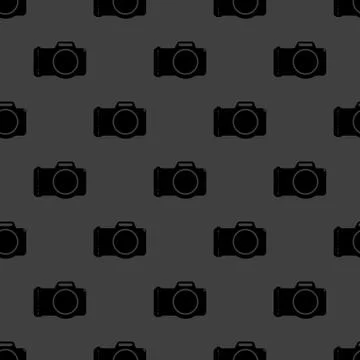 Photo camera web icon. flat design. Seamless gray pattern. Illustrazione stock