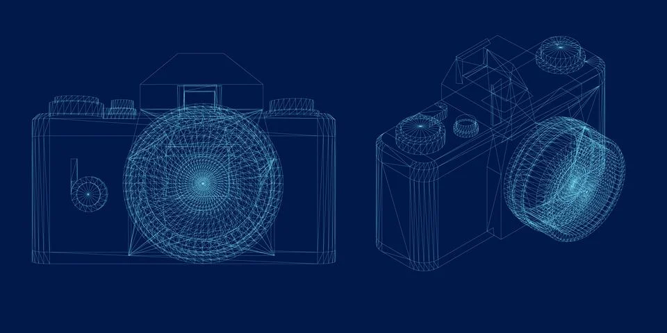 Photo camera wireframe set. Front, isometric view. Vector illustration イラスト素材