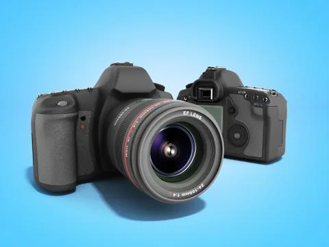 Photo cameras 3d render on blue Stock Illustration